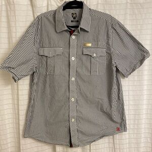 CAVI Men’s Black White Striped Short Sleeve Button Down Shirt Size Large pockets
